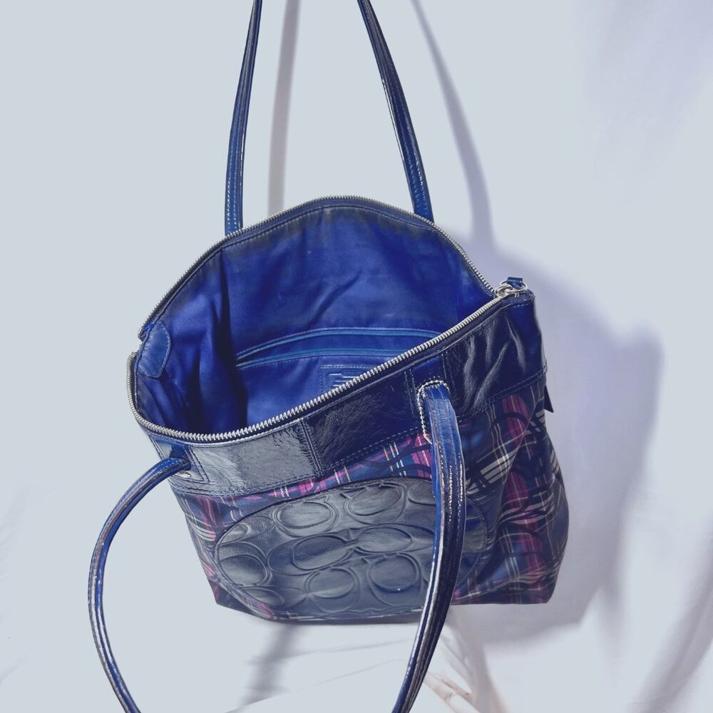 Coach Tote-Plaid-Navy Blue/Pink Mix-G1273-F20109-Large Purse-1 Zip Closure-Light - Picture 7 of 16